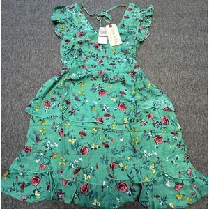Lottie & Holly Dress Womens XS Green Floral Ruffle Boho Mini Summer Romantic New